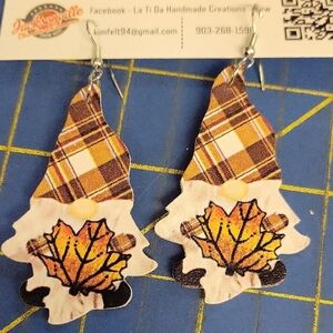 Fall Autumn Thanksgiving Plaid Gnome Holding Leaf Leaves Earrings Pleather